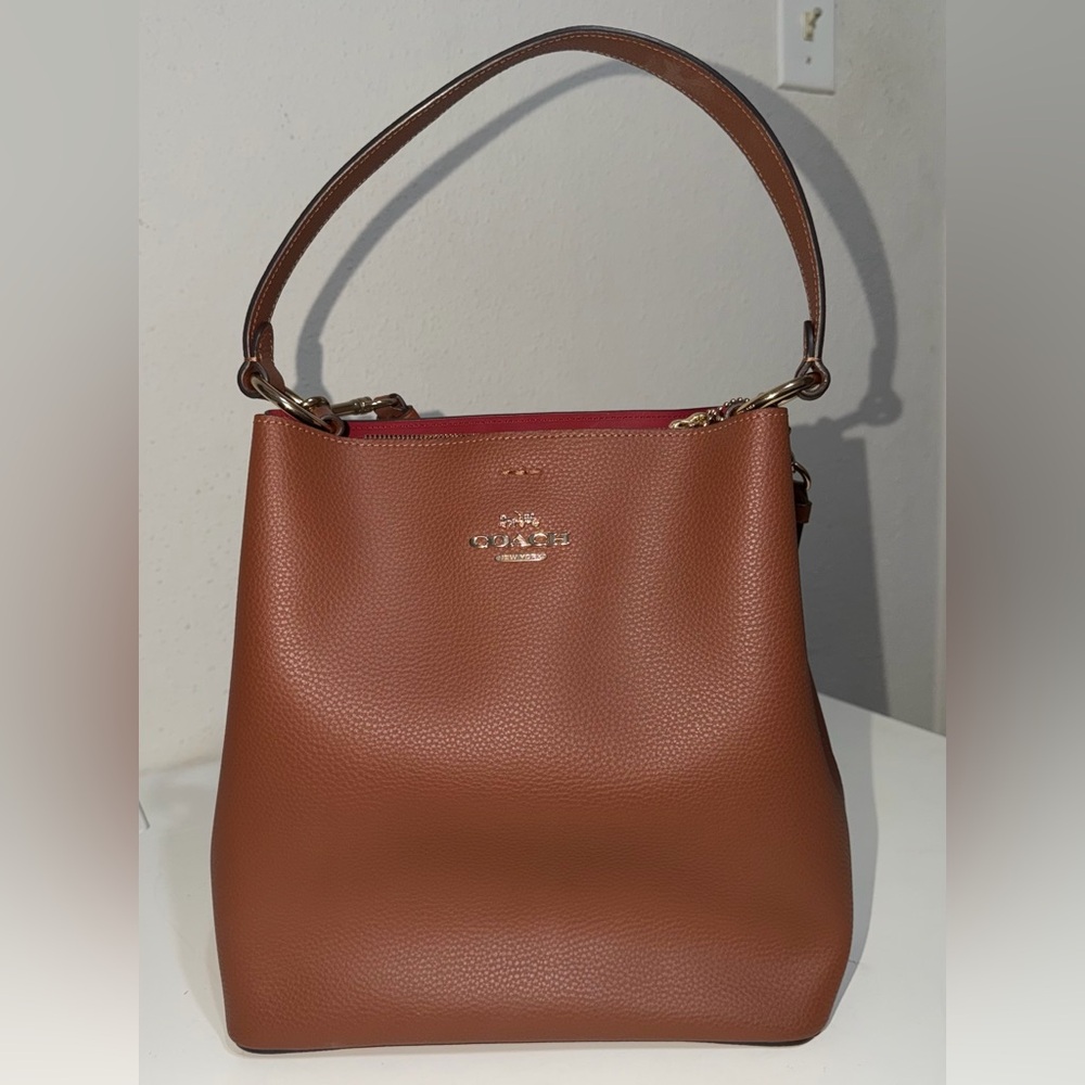 Coach Pebble Leather Shoulder Bag Brown with Red Interior Mollie Bucket Bag 22